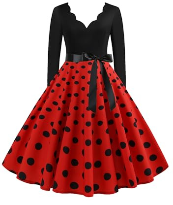EFOFEI Damen Hepburn Cocktailkleid Rockabilly 1950er Vintage Kleid Retro 50er Cap Ärmel Swing Kleid Rot XL