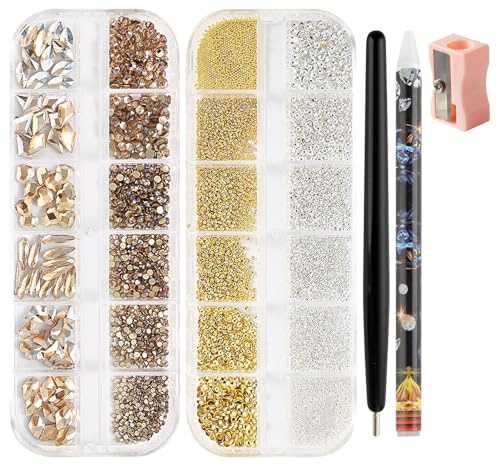 SUTOKAKA 2 Boxes Champagne Gold Nail Rhinestones with Half Round Gold Silver Metal Beads for DIY Nail Art Mixed Shape Diamond Jewel Beads Micro Nail Studs Caviar Bead for Manicure Supplies