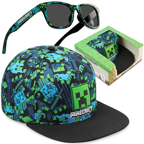 Minecraft | Spongebob Schwammkopf | Super Mario | Fortnite Basecap und Sonnenbrille Set Jungen, Sommer Kinder Cap mit UV Schutz Kindersonnenbrille