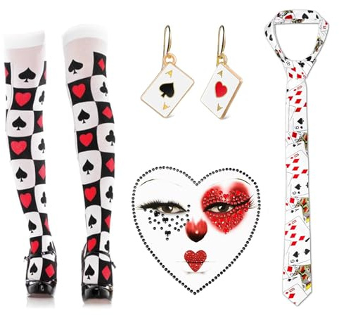 LUKIUP Herzkönigin Kostüm, 6 Stück spielkarten kostüm, mit Pokerkarten Krawatte Ohrringe Herzkönigin Strümpfe Gesichtstattoo, Für Karneval Cosplay Verkleidungsparty
