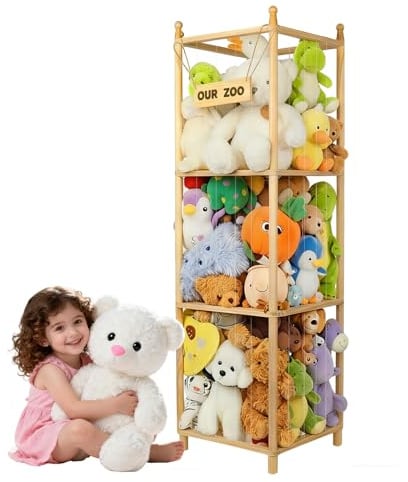 Leng Ke 3-Tier Solid Wooden Stuffed Animal Storage Organizer with Clear Flexible Rope, 138*40*40cm Cuddly Toy Storage for Kids Room, Bedroom, Nursery