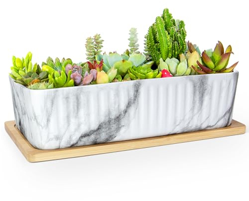 ARTKETTY Succulent Pots - Large Marble Succulent Planters with Drainage Tray, Window Sill Planter, Long Rectangle Ceramic Pots for Indoor Cactus Plants Shallow Bonsai Window Box for Home Garden Decor