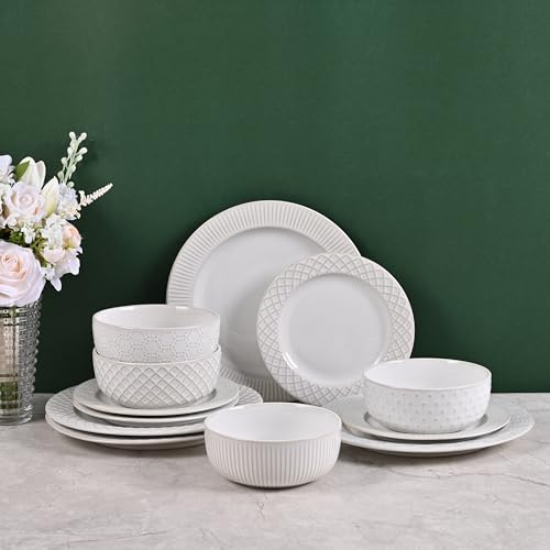 12-teiliges Keramik Geschirrset für 4 Personen, Steinzeug Teller & Schalen Set, Mikrowellen- & Spülmaschinengeeignet, Kratzfest & Bleifrei, Modernes Streifen Design, Weiß
