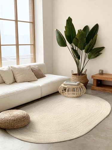 Hanse Home Rangpur Juteteppich - Natur Wohnzimmerteppich Oval aus 100% Jute, Handgewebt - Robust & Pflegeleicht - Moderner, Boho Naturfaser Teppich für Wohnzimmer, Schlafzimmer - Weiß, 160x230cm Oval