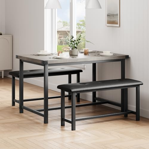Dining Table and Bench Set for 4 Person, Space Saving Corner Kitchen Table Set with 2 Upholstered Benches, Metal Frame & Solid Wood Top for Apartment, Studio (113x70x75cm + 98x27x47cm) - Grey