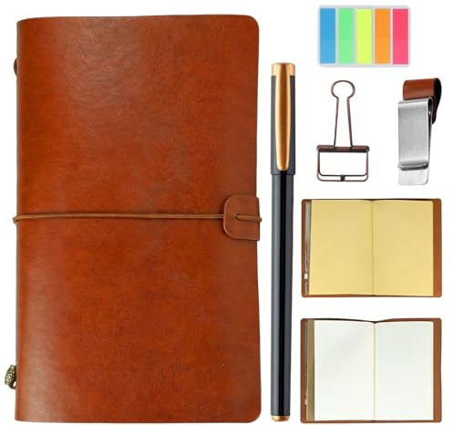 SIMDAO A6 Leather Notebook Journal Set, Travel Journal for Men Women, Travelers Notebook with Blank Paper Kraft Inserts Pen Pen Clip Multi-function Pouch, Gifts for Men Women (Brown, A6)