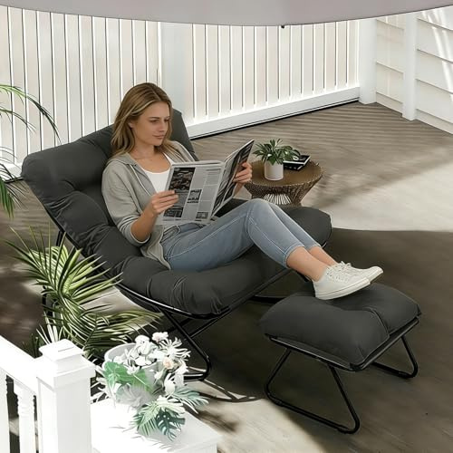 Ogimeka Outdoor Schaukelstuhl mit Hocker, Relaxsessel bis 150 kg, Metall Schaukelsessel für Garten, Hof, Outdoor, Wohnzimmer, Komfortabler Schwingsessel für Lesen & Entspannen (Grau)