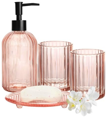 Seifenspender Set Rosa, 4-teilig, Komplettset aus Glas | Bestehend aus Seifenspender, Mundspülbecher und Seifenschale zur Dekoration von Badezimmern und Waschtischen.