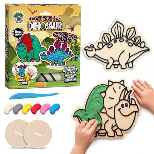 Splat Planet Dinosaurier-Knetset für Kinder – 2er-Pack DIY-3D-Knetkunst-Set mit lufttrocknender Knete, sauberes Kneten, kreatives Bastelset für Kinder, Dinosaurier-Bastelgeschenk. Maße: 20 x 20 cm