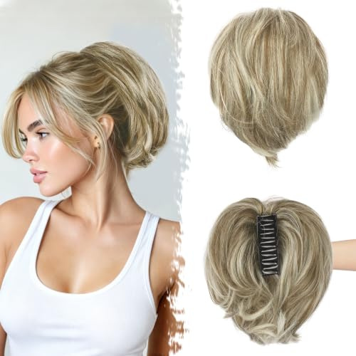 BARSDAR Claw Clip Kurze Echthaar Pferdeschwanz Extension, 20 cm DIY Styles Echt Echthaar Messy Dutt Haarteile für Frauen Biegsam Metall Dicke Kurze Natürliche Pferdeschwanz,Braun Mix Grau Blond