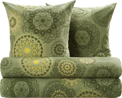 Erwin Müller Bettwäsche, Bettgarnitur Sparpaket 4-TLG. Flanell - Mandala - mollig warm, temperaturregulierend, mit praktischem Reißverschluss - grün Größe 80x80 cm / 135x200 cm