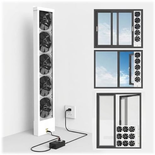 MESCXTY Horizontal Window Exhaust Fan for Sliding Windows, Reversible Twin Airflow Ventilation, Retractable Tool-Free Extractor Bedroom Bathroom Kitchen，Double-Sided with Mesh(White,33.5-35.4in)