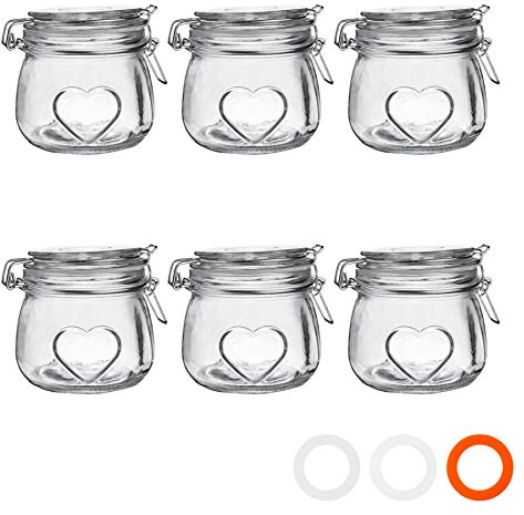 Nicola Spring Heart Shaped Glass Storage Jar with Airtight Clip Lid - 500ml - 6 Pack - 4 Colour Seals - Kitchen Vintage Round Preserving Container for Pickling, Chutney, Jam, Coffee, Oats
