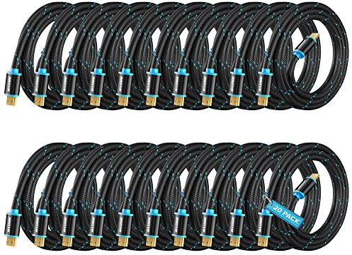 HDMI Cable 4K Ultra HD 8 Foot (20 Pack) Nylon Braided HDMI 2.0 Cable, High Speed 18Gbps 4K60Hz HDR, 3D, 2160p, 1080p, HDCP 2.2, ARC, HDMI Cables for Monitors, HDTV