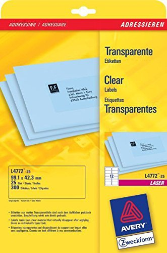 Avery-Zweckform Zweckform Avery-L4772-25 Etiketten 99.1 x 42.3mm Polyester-Folie Transparent 300 St. Permanent Adres