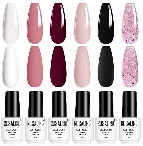 ROSALIND 6 Farben Gel Nagellack, Weiß Rosa Rot Nude Schwarz Glitzer Pastell Shellac Soak Off UV LED Nagellack Set Gel Nail Polish Nail Art Starter Kit 6pcs