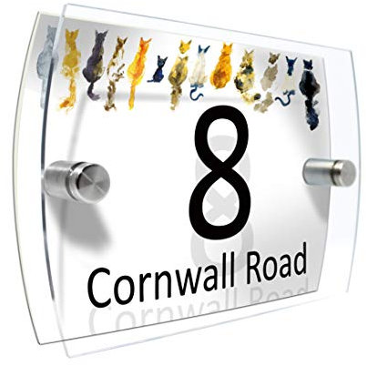 Watercolour Animals Personalised Modern House number Sign Name and Number Street Wall Plaque (Cats)