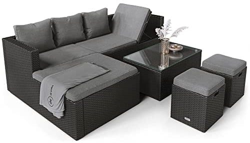 di volio Polyrattan Sitzgruppe Bologna - Lounge Gartenmöbel-Set für Garten und Terrasse mit Ecksofa, Tisch & 2 Hockern - Lounge-Set in Rattan-Optik inkl. eine Fleecedecke