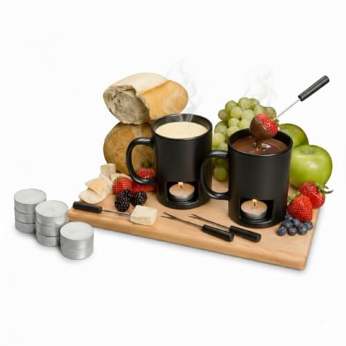 Evelots 2-Pack Fondue Cheese & Chocolate Mugs, 4 Forks, 8 Candles, Black