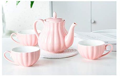 FJSC 4 Pieces British Porcelain Tea Sets, European Style Coffee Sets, Vintage Pink China Coffee Set, Wedding Tea Service for Adults