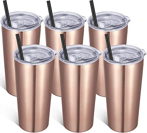 VEGOND 590 ml Becher mit Deckel und Strohhalm, 6 Stück, vakuumisolierter Edelstahlbecher, doppelwandiger Kaffeebecher, Reisebecher, Roségold