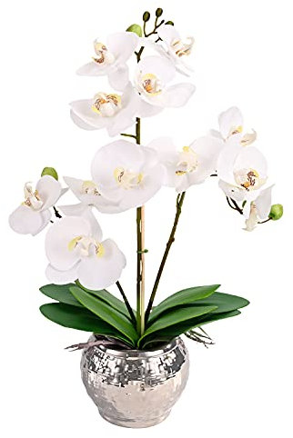 RENATUHOM Künstliche Orchidee mit Silberne Vase weiße künstliche Orchidee künstliche Blumen zur Dekoration große künstliche Orchidee Pflanzen in Silbertöpfen Schlafzimmer-Ornamente Tischdekoration