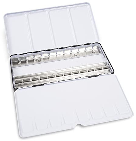 Aquarell-Leerkasten aus Metall für 36 halbe oder 18 ganze Näpfe, mit Mischpalette und Daumenring