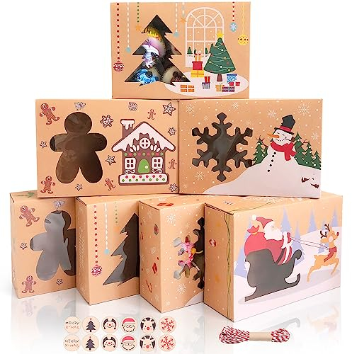 MAMUNU 12 Stück Weihnachts-Kekskästen Boxen, Keksdosen mit Fenster buntes Muster mit Aufkleber und Seil, für Weihnachtsfeier Brownies Süßigkeiten Kekse, 22.5x15.5x7CM