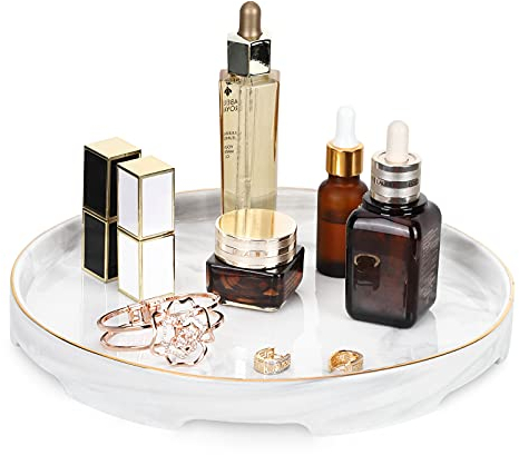 Shinowa Bandeja de Baño Cerámica, Organizador Redondo Decorativa Hogar Elegante, Caja Cosmético con Pies, para Joyería Maquillajes Perfume Velas, en Cuarto Bañara Salón Oficina Encimera, Mármol Blanco