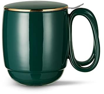 ZENS Tea Infuser Mug with Lid, Porcelain Entwined Handle Loose Leaf Tea Cup, 480ML Gold Trim Tea Steeping Mug for Home or Office, Dark Green