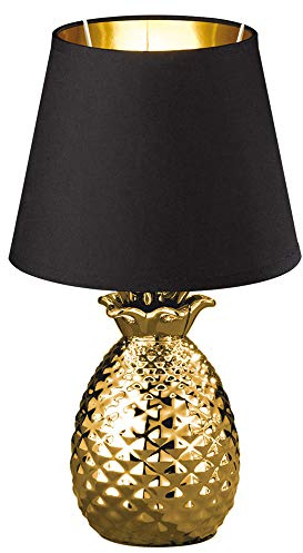 Tischleuchte Tischlampe Beistellleuchte Vintage Nachtlicht Schlafzimmer, Retro Ananasoptik, Keramik gold Textil schwarz, 1x E14 Fassung, DxH 20x35 cm