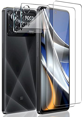 AnnhanT Protector Pantalla para Xiaomi Poco X4 Pro 5G, Cristal Templado 2 Piezas y Protector de Lente de cámara 2 Piezas - 9H Dureza Antiarañazos, Antihuellas, Sin Burbujas