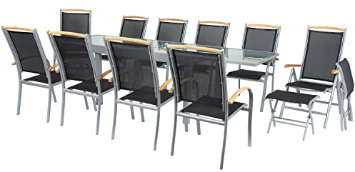 ib style® Diplomat Silber XXL Ausziehtisch 135-270 cm | Premium Gartengarnitur | Gartentisch mit Sicherheitsglas| inkl. 10 Klappstühle + 2 Fußbänke