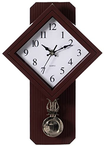 Traditional Brown Square Wood- Looking Pendulum Plastic Wall Clock for Living Room, Kitchen, or Dining Room