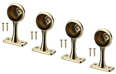 TERF® Polished Brass Curtain Pole End Bracket 25mm Curtain Rail Ceiling and Wall Mount Rod Holder Wardrobe Shower Curtain Closet Lever Rail Pole End Support with Fixing - Pack of 4