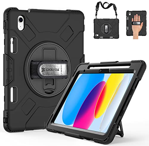 GROLEOA Hülle für iPad 10 Generation, Robuste Stoßfeste Schutzhülle aus Silikon Case für iPad 10th Gen 10.9 Zoll mit Stifthalter, Drehbarer Ständer, handschlaufe, Schultergurt, Schwarz