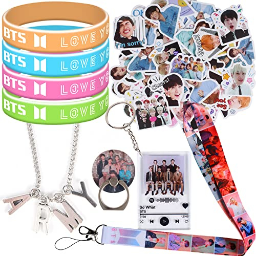 Ensemble cadeaux BTS - 60 Autocollants /40 Bracelet /1 Support de téléphone mobile /1 Collier /1 Porte - clés /1 Porte - clés, Kpop BTS Merchandise Coffret cadeau pour l'armée