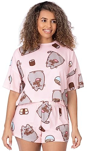 Pusheen Pyjamas The Cat pour Femmes | Adultes Dames T-Shirt Croppé avec Short Bottoms Pjs | Pastel Rose Cartoon Chat Mangeant des sushis | Marchandise de Personnage