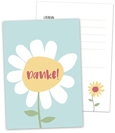 Decento® Dankeskarten - 10 Danke Karten für Mädchen, Jungen und Erwachsene - Moderne Danke-Karten mit niedlichem Sonnen-Blumen-Motiv - Dankeschön Postkarten