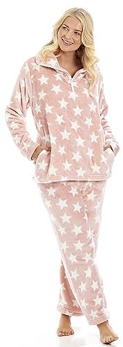Camille Pigiama da Donna Super Morbido, 2 Pezzi, in Pile Spesso, con Stampa a Stelle Bianche, a Lunghezza Intera, Maniche Lunghe e Vita Elasticizzata per Il Massimo Comfort e Calore, Rosa, 14-16