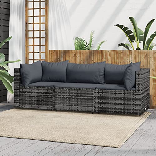 Tidyard 3-TLG. Balkonlounge Set Rattan, Balkonsofa, Gartensofa 3-Sitzer, Gartensofa Set, Gartenlounge Set Polyrattan, Gartenmöbel Rattan Wetterfest, Kissen Grau Poly Rattan