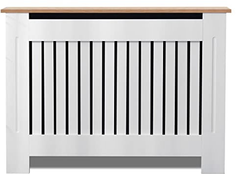 Blisswood Radiator Cover Vertical Pattern Slatted Radiator Covers MDF Wood Heating Covers Wood Top Shelf For Living Room Home Bedroom (White, Medium)