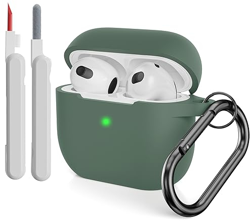 KOKOKA Silikonhülle Kompatibel mit AirPods 3 Hülle mit Reinigungsset und Schutzhülle für AirPods 3rd Generation Case, Stoßfeste Weiche Dünne Case für Airpods 3 Mit Karabiner, Deep Green
