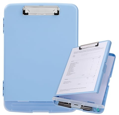 Planchettes à Pince A4 avec Rangement, Porte-Bloc en Plastique avec étagère, Porte-papier Léger Presse-papiers Dossier pour Infirmière Médecin Coach de vente Bureau d'école (Bleu)
