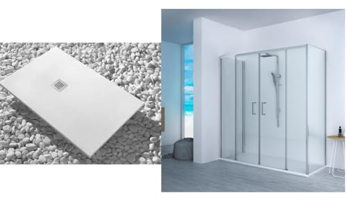 Plato de ducha de 80 x 140 cm Vulcano Line Extra Slim blanco + cabina de ducha 80 x 140 cm Alto 200 cm con un cristal fijo y apertura central de 4 cristales