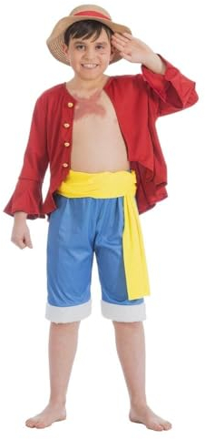 Chaks One Piece Disfraz Ruffy Sombrero de paja Monkey D. Ruffy para niños, talla 128-152, disfraz de manga para cosplay (152), multicolor