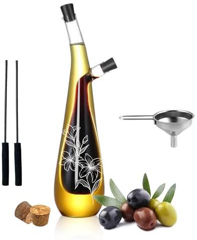 Juego de dispensador de aceite y vinagre (11 x 3 x 3 pulgadas) - Dispensador de botellas de vidrio grabado floral - Botella de aceite moderna y decorativa 2 en 1 - Botella dispensadora de aceite para