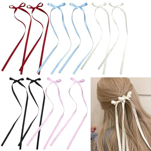 Fhioevt 10 Pezzi Fiocchi per Capelli Mollette per Capelli in Raso Setoso con Coda Lunga Fiocco Capelli Donna Elegante Fermagli per Capelli per Donna e Ragazza Compleanni, Feste, Matrimoni (5 Colori)