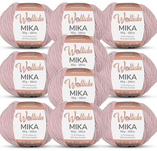 Wollidu Mika 51% Polyacryl 49% Baumwolle zum Häkeln und Stricken 10x 50g/165m Oeko-Tex Strickgarn Häkelgarn - Zartrosa