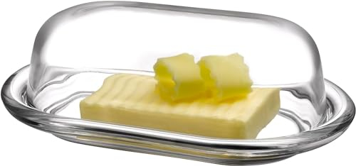 AL-FAHMI Mantequera redonda de cristal, elegante con tapa, fácil de usar y 100% apta para alimentos, 20 x 13 x 6 cm (G R/Rec DishR)